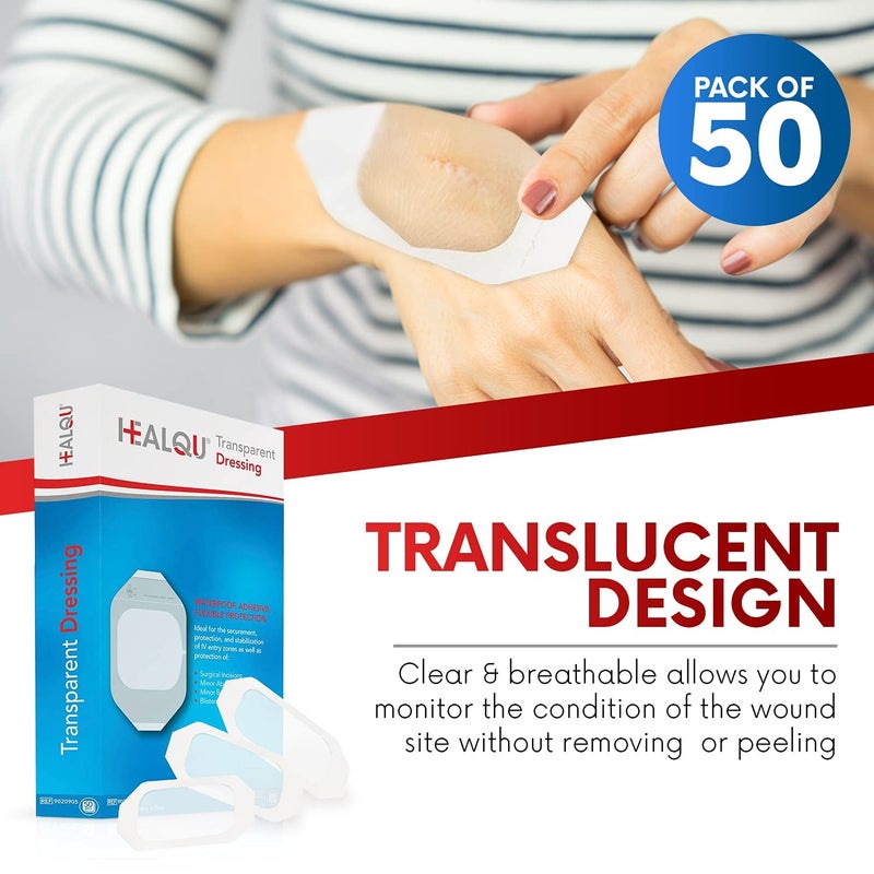 HEALQU Transparent Film Dressing 4" x 4.75" (50 Pack) â€“ Waterproof Adhesive Wound Bandages for Post-Surgical Shower, IV Shield, Tattoo Aftercare, Clear Breathable Dressing Patches by HEALQU - Image 3